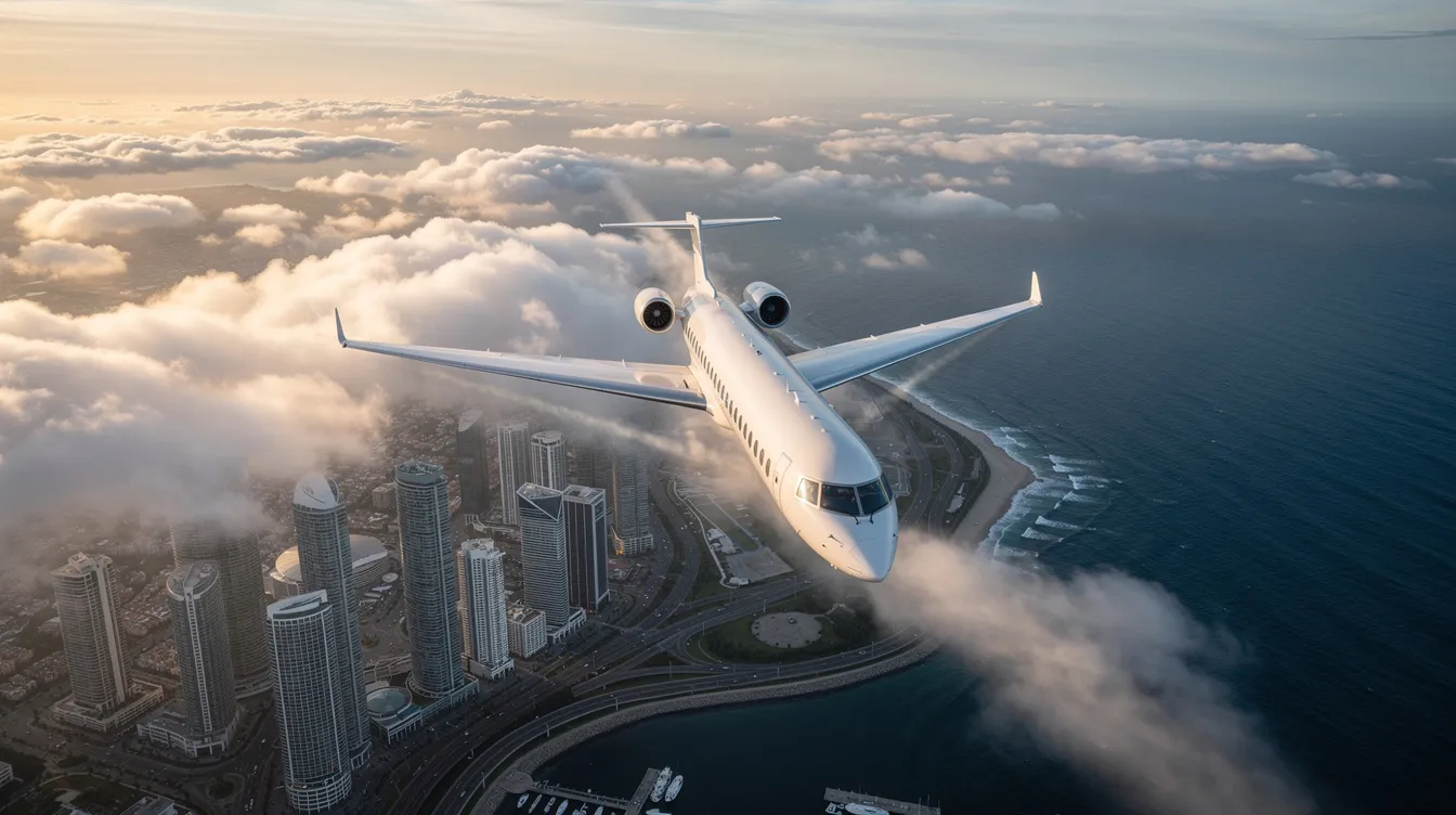 A sleek white business jet, representing the excellence of Waltzing Matilda Aviation, ascends through fluffy clouds above a vibrant coastal city skyline, showcasing the beauty of safe and reliable flying in the aviation industry. The aircraft symbolizes luxury and the latest technology in charter services, ensuring a smooth journey for its passengers.