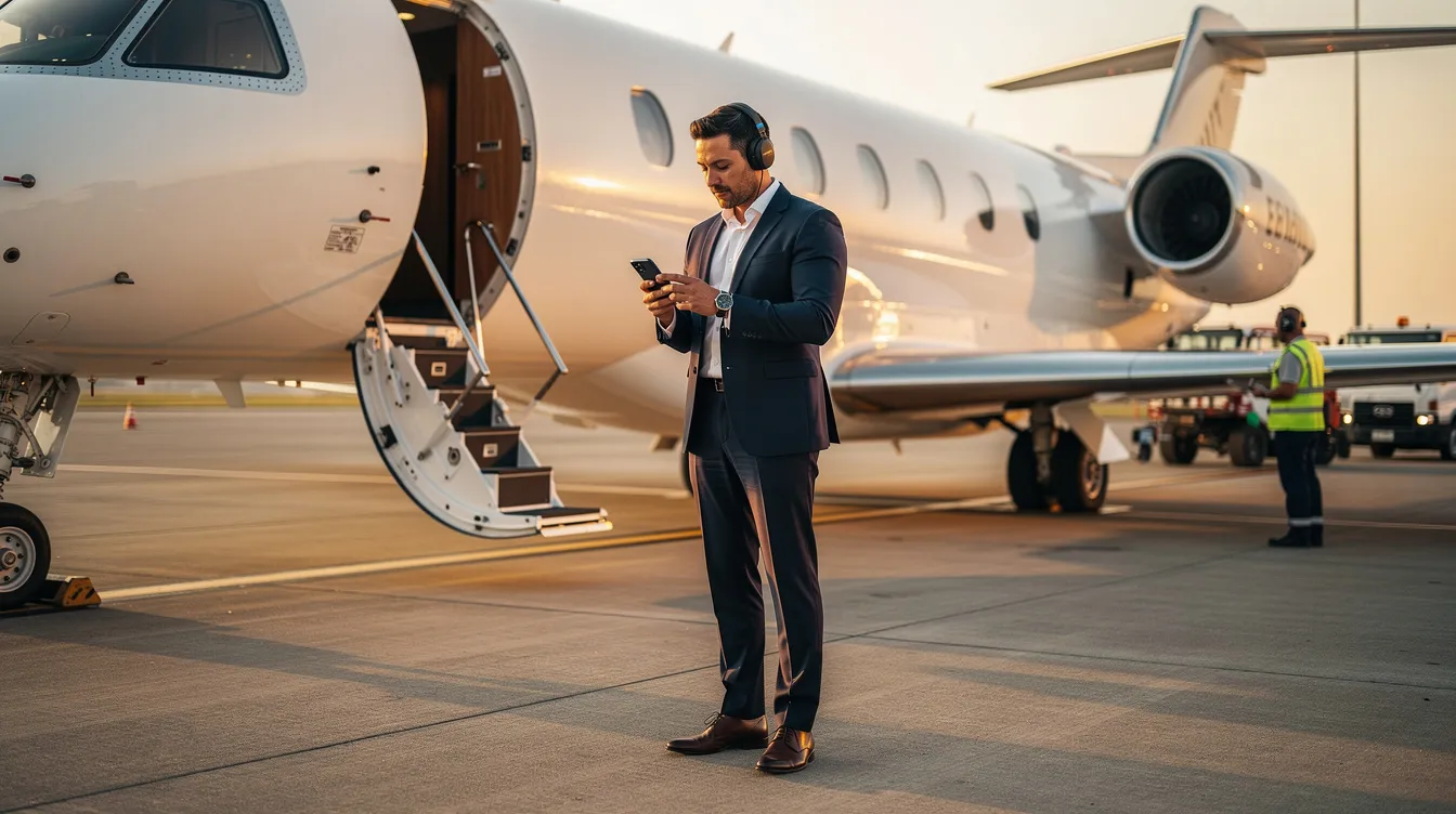 A business traveler stands confidently near a private jet on the tarmac, engrossed in his smartphone, while a dedicated ground crew works in the background. This scene reflects the professionalism and reliability of the aviation industry, highlighting the commitment to safe and efficient flying operations.
