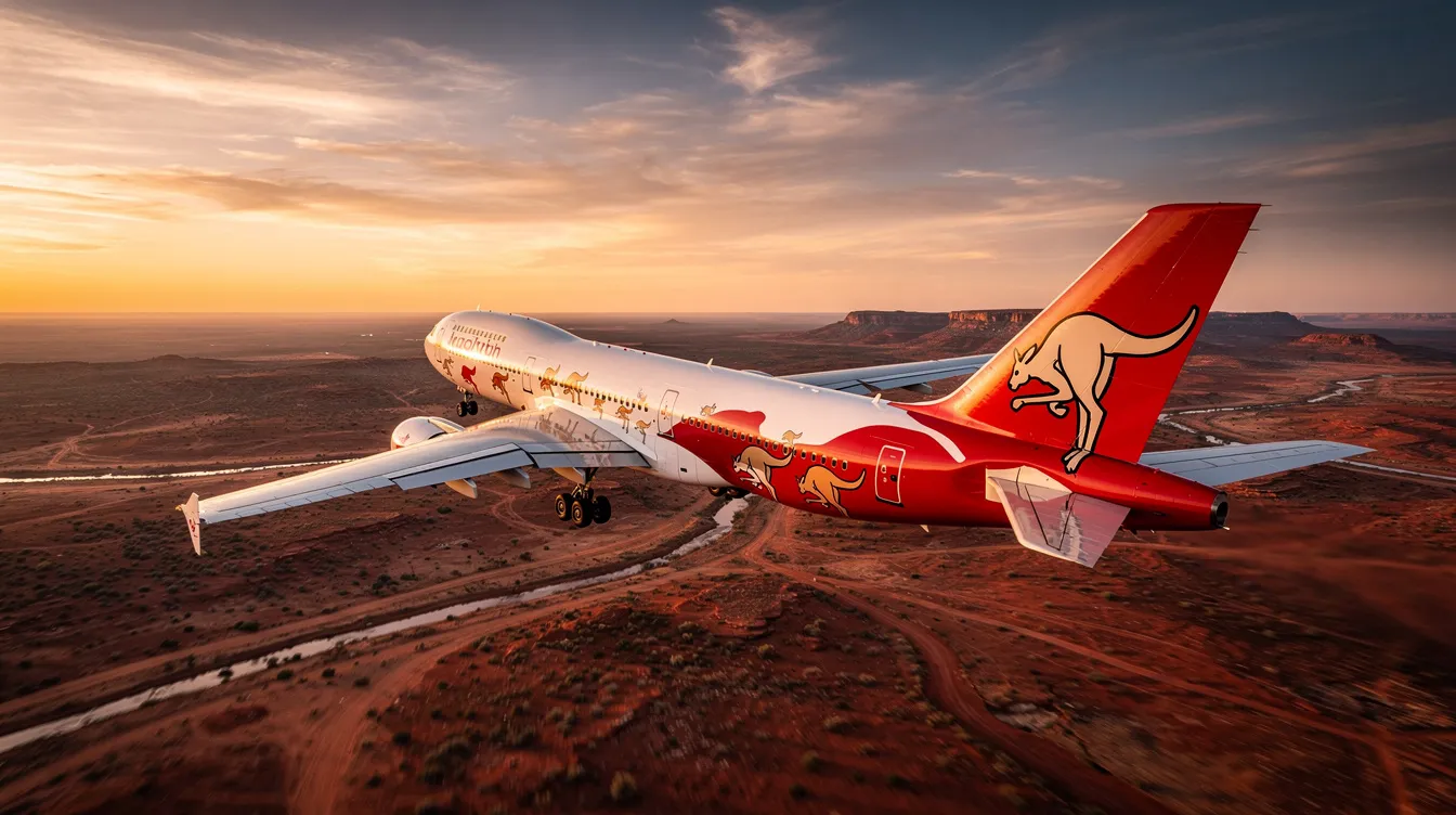A wide-body commercial airliner adorned with a kangaroo livery soars over the Australian outback, bathed in the warm hues of a sunset. This scene captures the essence of reliable flying, showcasing the beauty of aviation in a stunning natural landscape.