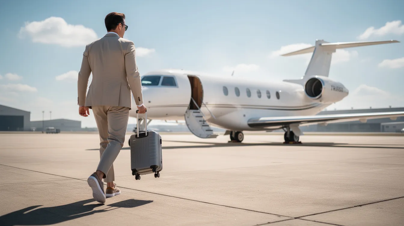 A traveler walks toward a private jet on a sunny tarmac, carrying a small bag, ready for a hassle-free customs experience often associated with private jet travel. The scene reflects the convenience and luxury of flying private, unlike commercial flights, with fewer passengers and personalized services.
