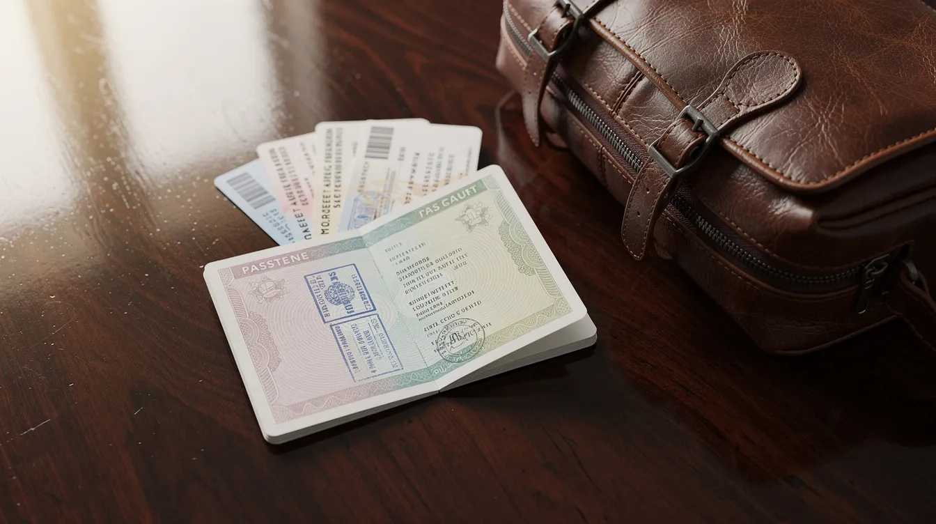 The image features a passport, travel documents, and a stylish leather bag neatly arranged on a polished wooden table, suggesting preparation for international travel. This setup reflects the essential documents needed for private jet passengers to clear customs efficiently and enjoy a hassle-free customs experience.