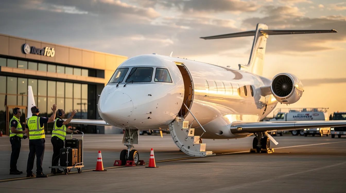A private jet is parked at a fixed base operator facility with its stairs lowered, while a ground crew is nearby, ready to assist private jet passengers with customs checks and necessary documentation for a hassle-free customs experience. The scene highlights the personalized services available in private aviation, unlike commercial flights.