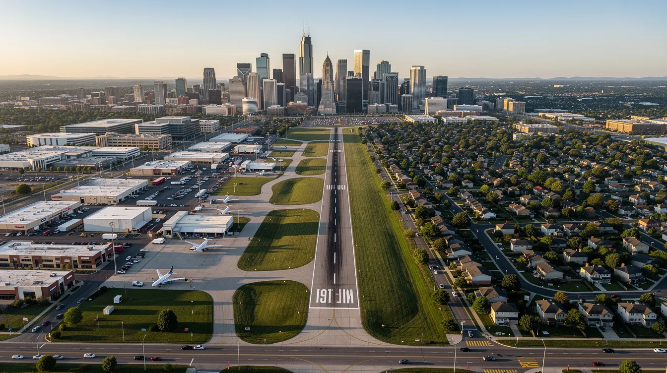 An aerial view captures a suburban airport featuring a single runway, surrounded by commercial buildings and residential areas, with a large city skyline in the background. This airport, located in Addison, TX, serves as a hub for fast and economical transportation, accommodating daily flights for both passengers and freight, including time-sensitive goods and medical supplies.