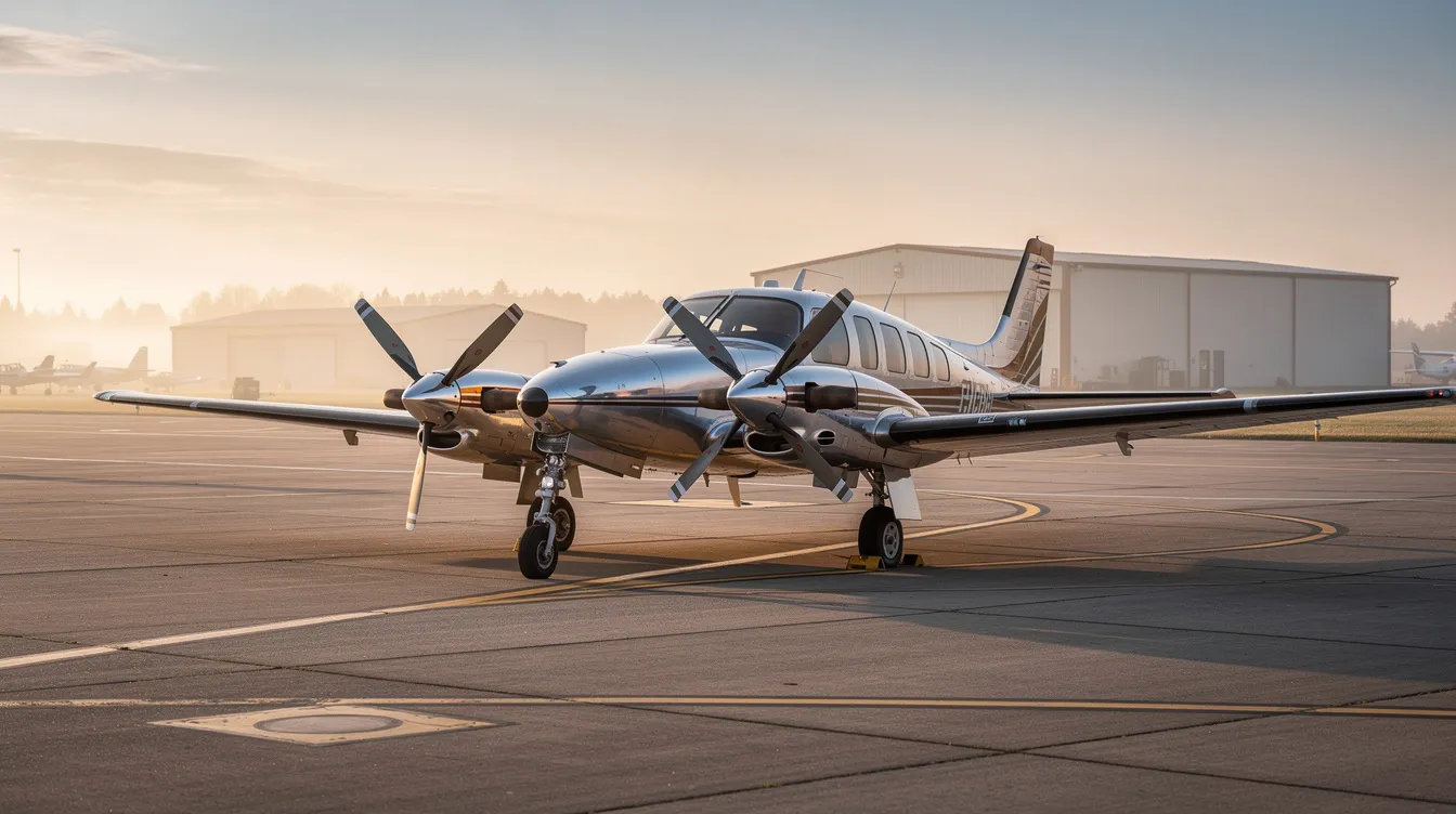 A small twin-engine piston aircraft is parked on the tarmac of a general aviation airport during the early morning light, showcasing its role in providing fast and economical transportation for passengers and freight across the continental United States. This small aircraft, operated by companies like GTA Air Inc, is essential for time-sensitive goods and services, including medical laboratories and the automotive and oil industries.