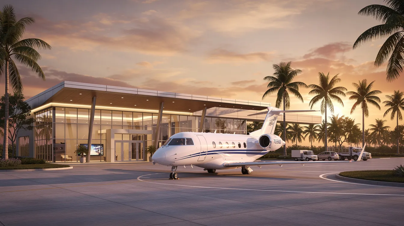 The image shows the exterior of a private aviation terminal building at Scottsdale Airport, with a sleek private jet parked on the ramp and palm trees swaying nearby, embodying the luxury travel experience associated with private jet charter services in Scottsdale. This setting highlights the convenience and elegance of private flights in a picturesque Arizona location.