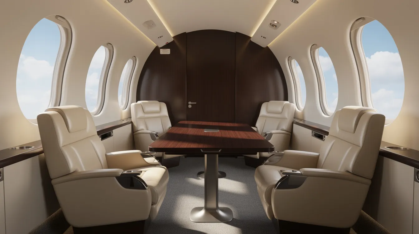 The image depicts the interior of a midsize private jet cabin, featuring plush leather seats arranged for a business meeting, with large windows providing a view of the sky. This luxurious setting is ideal for private jet charter services, offering a comfortable and professional environment for clients traveling from Scottsdale Airport.