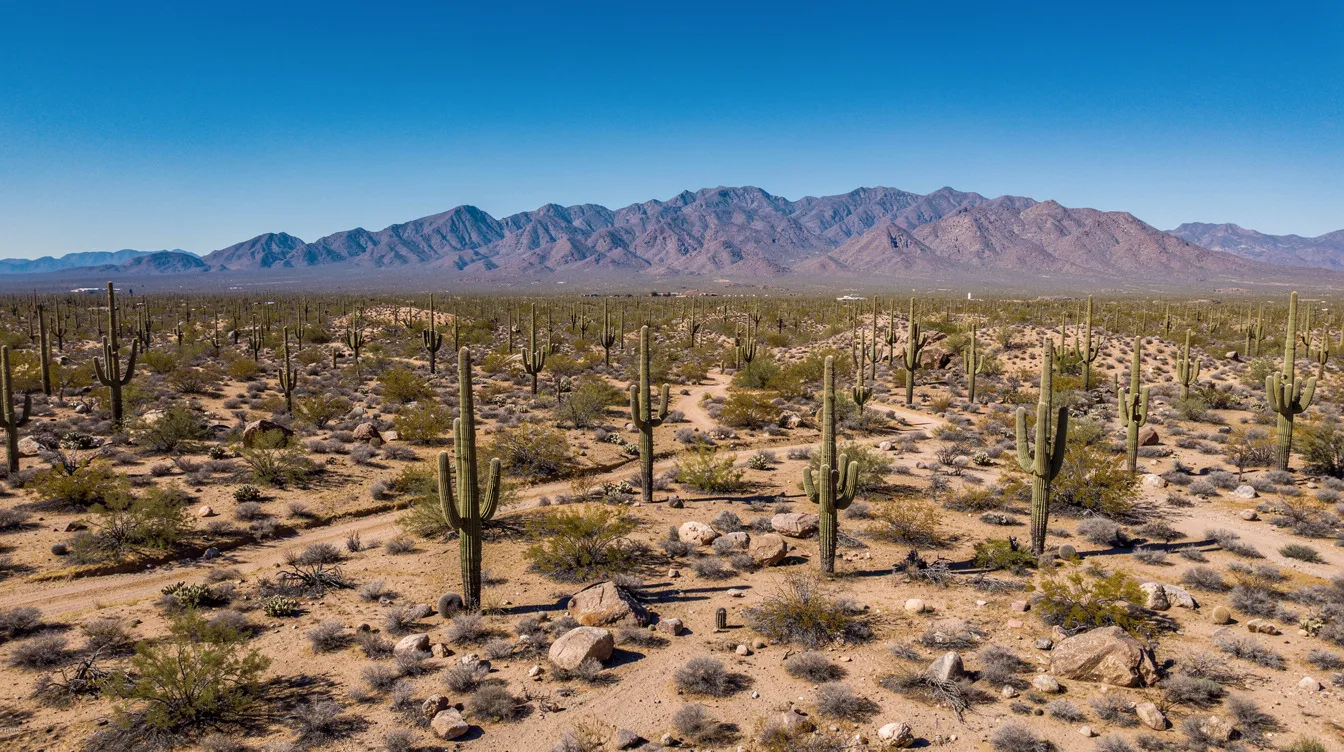 An aerial view of the Sonoran Desert near Scottsdale, Arizona, showcases a vast landscape dotted with iconic saguaro cacti and distant mountains, all beneath a clear blue sky. This picturesque scene highlights the natural beauty of the region, making it an appealing destination for luxury travel and private jet charter services.