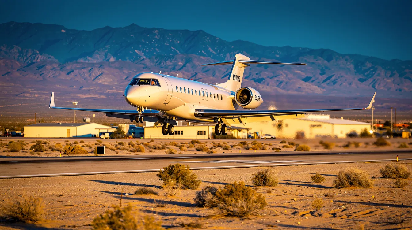 A sleek light business jet, part of Steelman Aviation's fleet, is taking off from a short runway surrounded by desert terrain and distant mountains in Las Vegas, NV. This aircraft showcases immense versatility, making it ideal for exclusive air travel offerings and private charter flights.