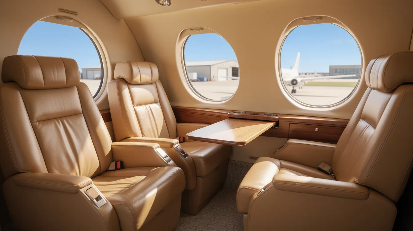 The image depicts the interior of a small private aircraft cabin, featuring tan leather club seating arranged for comfort, with large windows providing a view of a sunny tarmac outside the window. This luxurious setting showcases the exclusive air travel offerings from Steelman Aviation, ideal for private charter flights and fractional jet ownership.