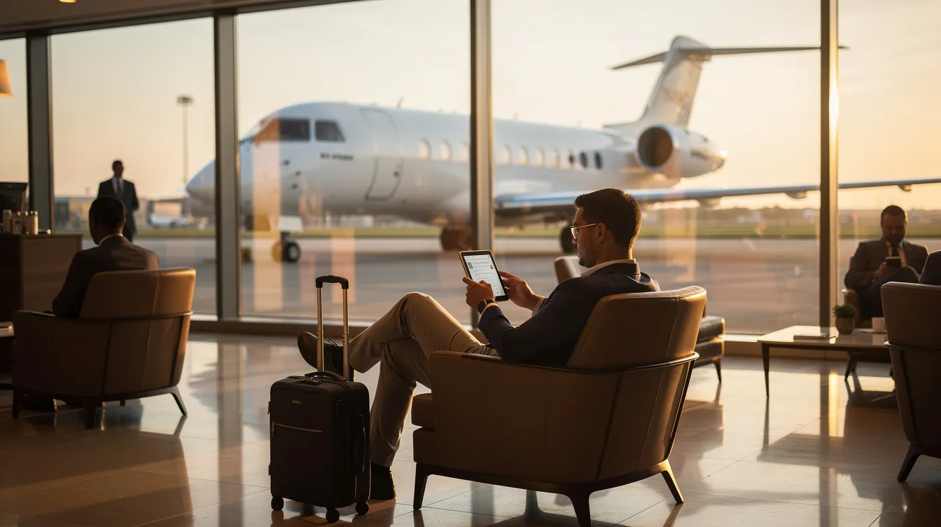 A traveler is seated in an airport lounge, focused on a tablet device while enjoying a view of a private jet outside the window. The setting reflects the exclusivity of air travel offerings, showcasing the convenience of private charter flights in Las Vegas, NV.