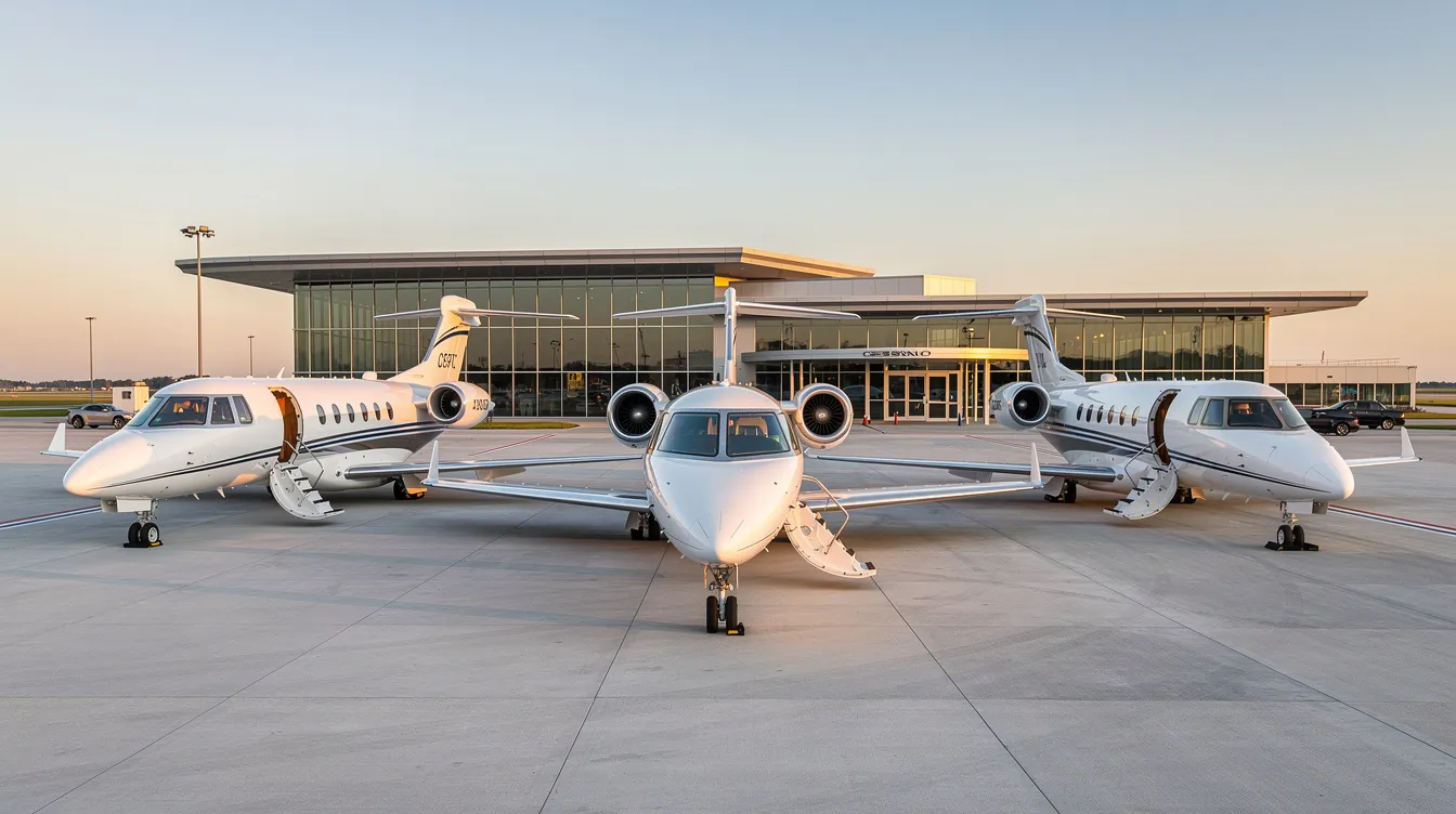The image features a sleek Cessna Citation private plane parked on a tarmac, showcasing its modern design and polished exterior, set against a clear sky in Burlington, NC. This aircraft represents the full-service offerings of Skysouth Aviation, ideal for those seeking luxury travel options.