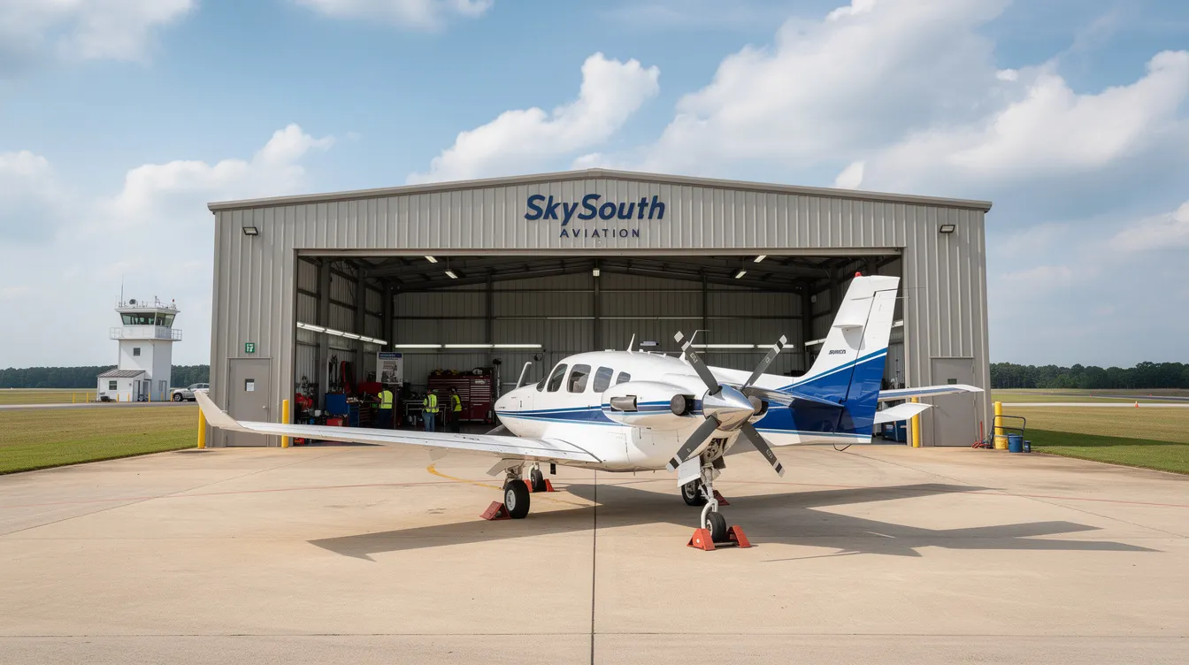 The image depicts a realistic view of SkySouth Aviation's facility in Burlington, NC, showcasing the modern architecture and surrounding landscape of the location. The scene captures the essence of a full-service aviation business, highlighting its significance in the Burlington area.
