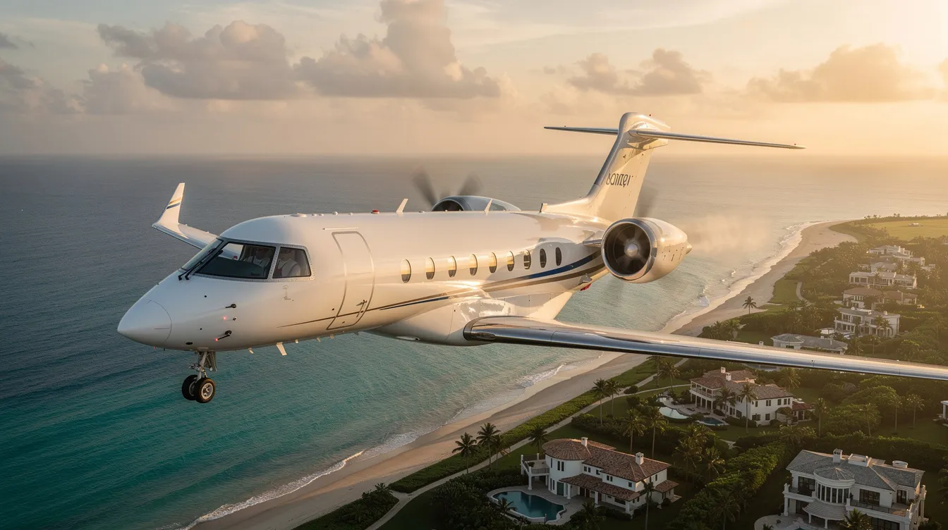 The image depicts a luxurious private jet preparing for takeoff at a Burlington, NC airport, showcasing the opulence of private jet aviation. The scene highlights the full-service experience offered by Skysouth Aviation, emphasizing the convenience and sophistication of travel in this location.