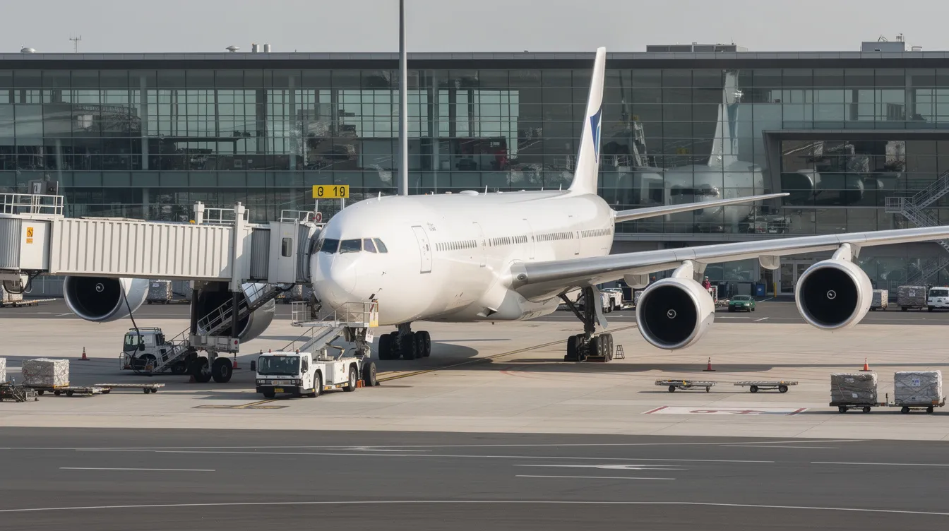 A large white Airbus A340, known for its four-engine configuration and long-range capabilities, is parked at an international airport gate, with jet bridges connected for passenger boarding. The aircraft, designed for long haul air travel, showcases its impressive size and increased fuel capacity.
