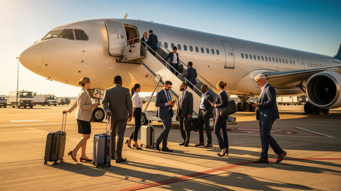 A diverse group of business professionals is boarding a large Airbus A340, recognized as the world's longest commercial aircraft, via airstairs on a sunny tarmac. The scene captures the hustle of long-haul air travel as they prepare for their journey aboard this four-engine airliner.