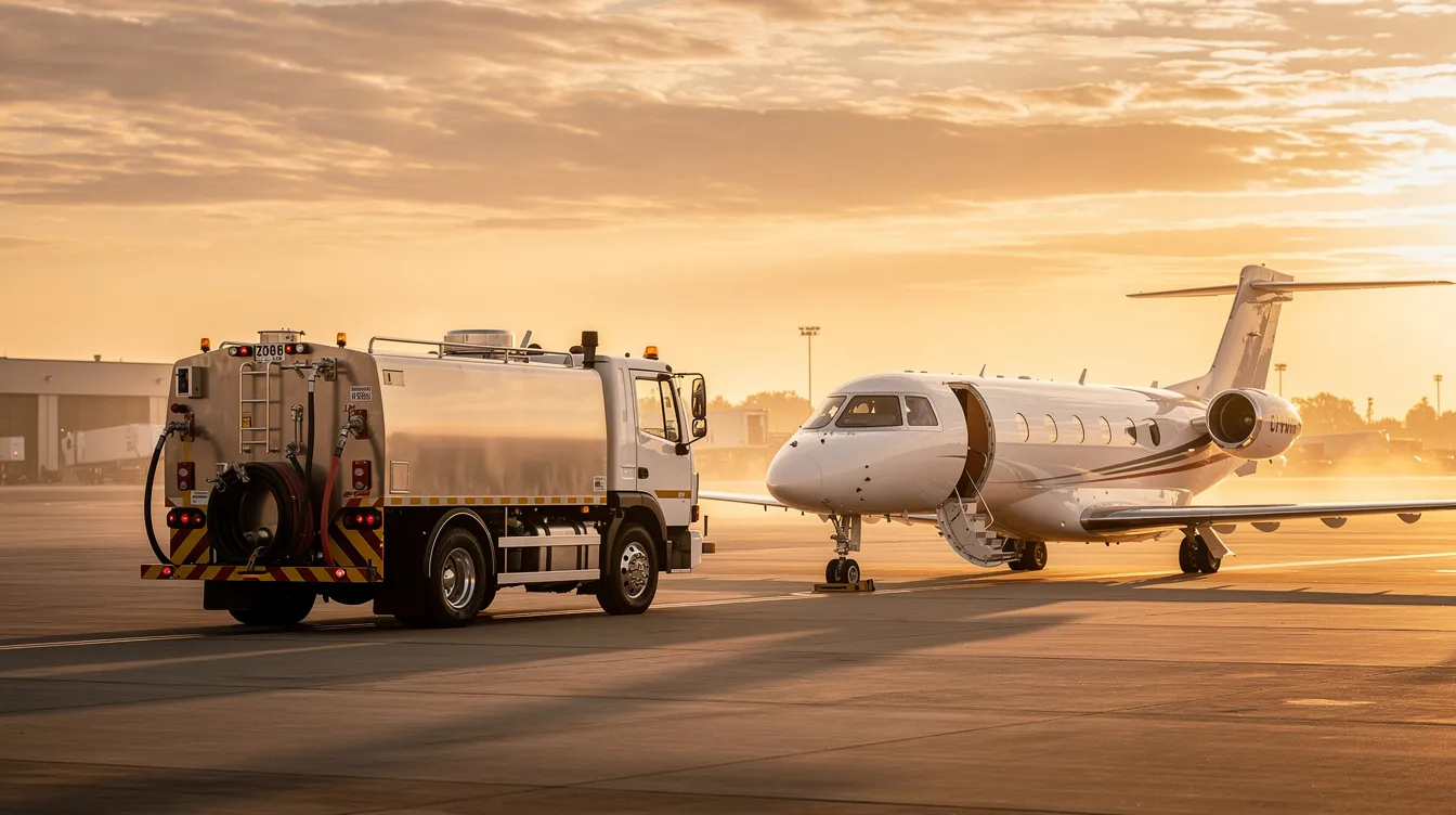 A fuel truck stands on the tarmac beside a small private jet during golden hour, highlighting the aviation industry's efforts towards sustainable practices and net zero carbon emissions. The scene captures a moment where fuel efficiency and environmentally responsible operations are prioritized in air travel.