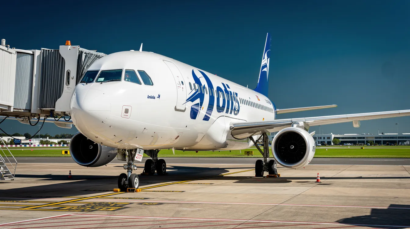 A modern commercial aircraft is parked at a gate, set against a backdrop of clear blue skies and lush green grass, symbolizing the aviation industry's efforts towards sustainable practices and net zero emissions. This scene reflects the growing demand for fuel-efficient aircraft and the commitment to reducing carbon footprints in air travel.