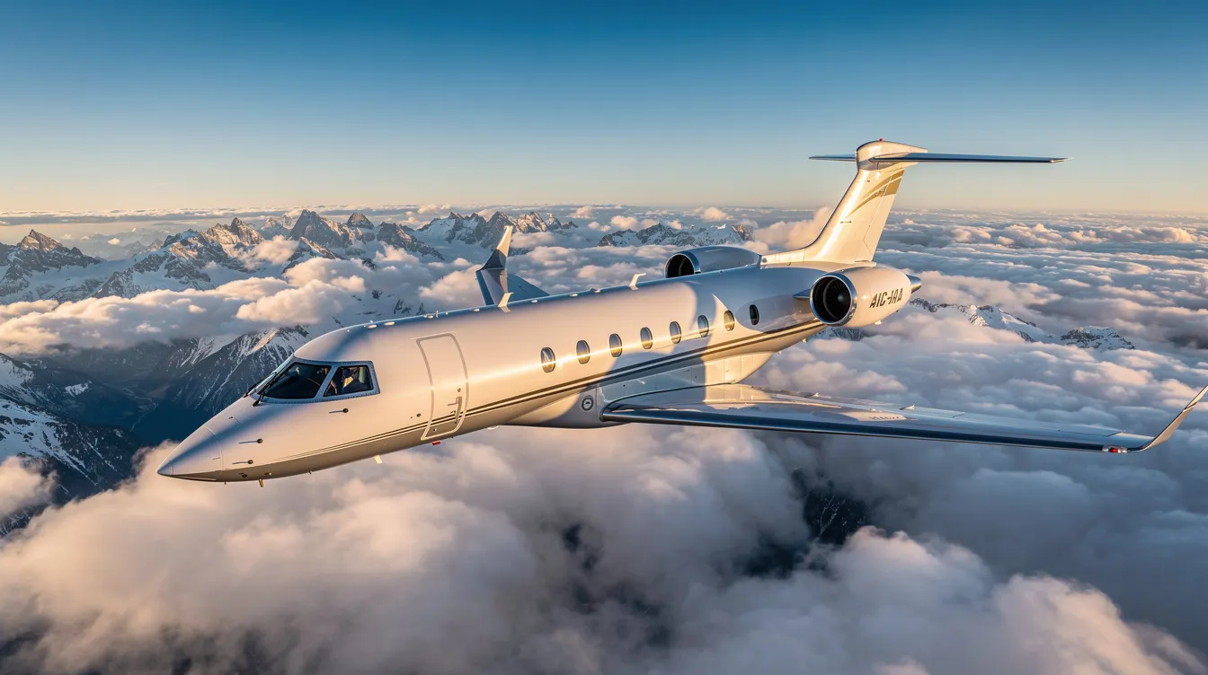 A sleek light private jet is soaring above fluffy white clouds, with majestic mountains visible below, symbolizing the aviation industry's shift towards sustainable practices and net zero emissions. This image represents the growing demand for fuel-efficient aircraft that utilize sustainable aviation fuel to reduce their environmental impact.