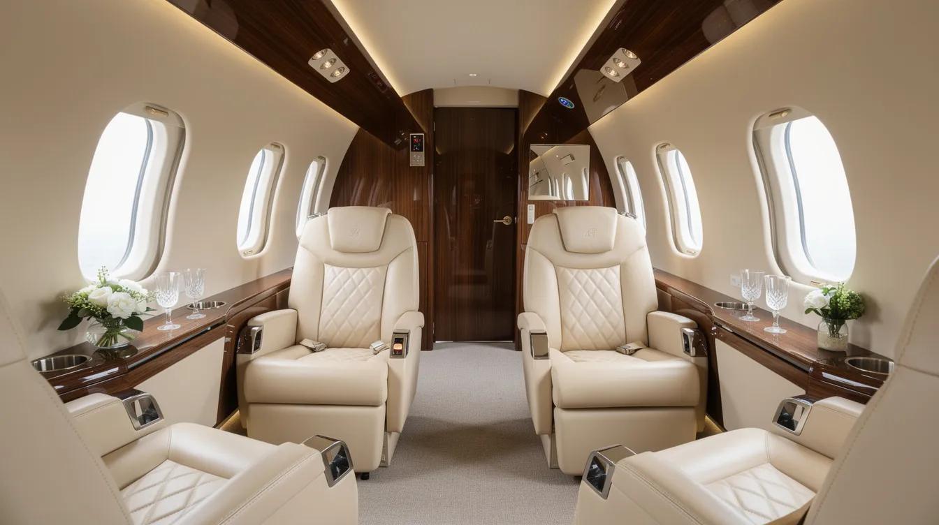 The image depicts the luxurious interior of a private jet featuring cream leather seats and elegant wood paneling, creating a sophisticated atmosphere for travelers. This opulent space is designed for comfort and style, perfect for those attending exclusive events in places like Scottsdale, AZ.
