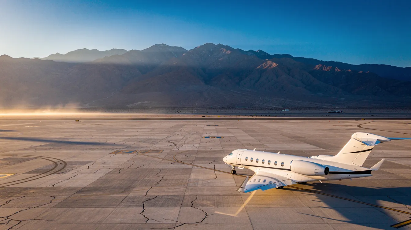 A private jet is parked on a sunlit desert tarmac, with majestic mountains rising in the background, capturing the essence of Scottsdale, AZ. The scene evokes a sense of luxury and adventure, inviting people to imagine their own stories of travel and exploration.