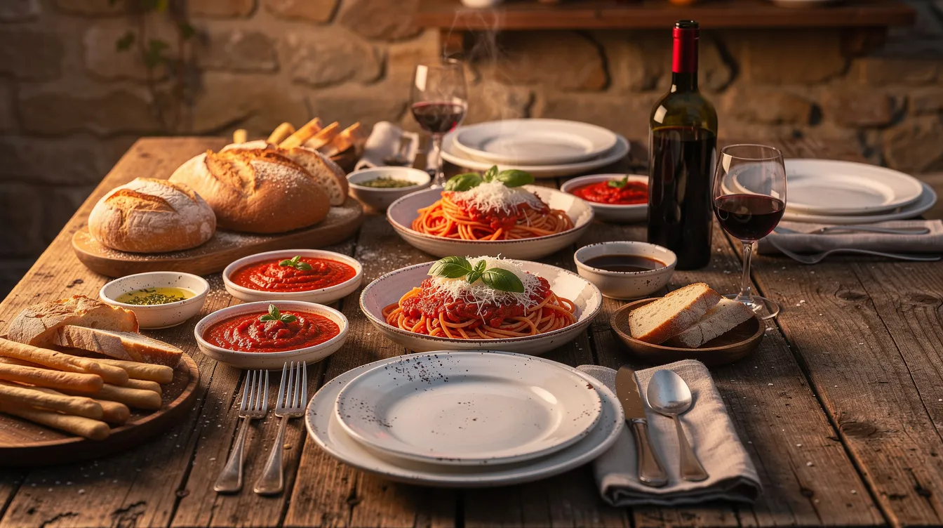 The image features a rustic Italian dinner table beautifully arranged with plates of pasta, meatballs, and vibrant red sauce, alongside fresh bread, evoking a warm and inviting atmosphere reminiscent of home-cooked meals shared with loved ones. The setting suggests a heartfelt gathering where stories and memories are made, perfect for bringing people together in East Harlem or Scottsdale, AZ.