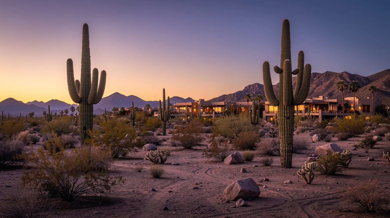 A serene Scottsdale desert landscape at dusk features tall saguaro cacti silhouetted against a colorful sky, with distant resort buildings softly illuminated in the background. The scene captures the tranquil beauty of Arizona's natural environment, inviting viewers to appreciate the heart of the desert.