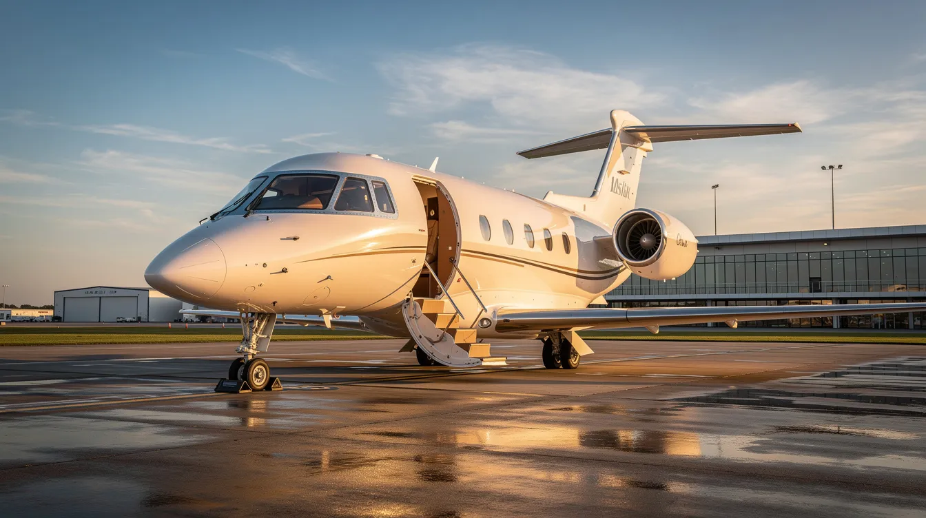 The image depicts a sleek private jet parked at an airport, showcasing the luxury of private aviation. With a focus on quality and safety, this aircraft represents the services offered by charter brokers and aircraft operators to meet the specific needs of clients seeking private jet travel around the globe.