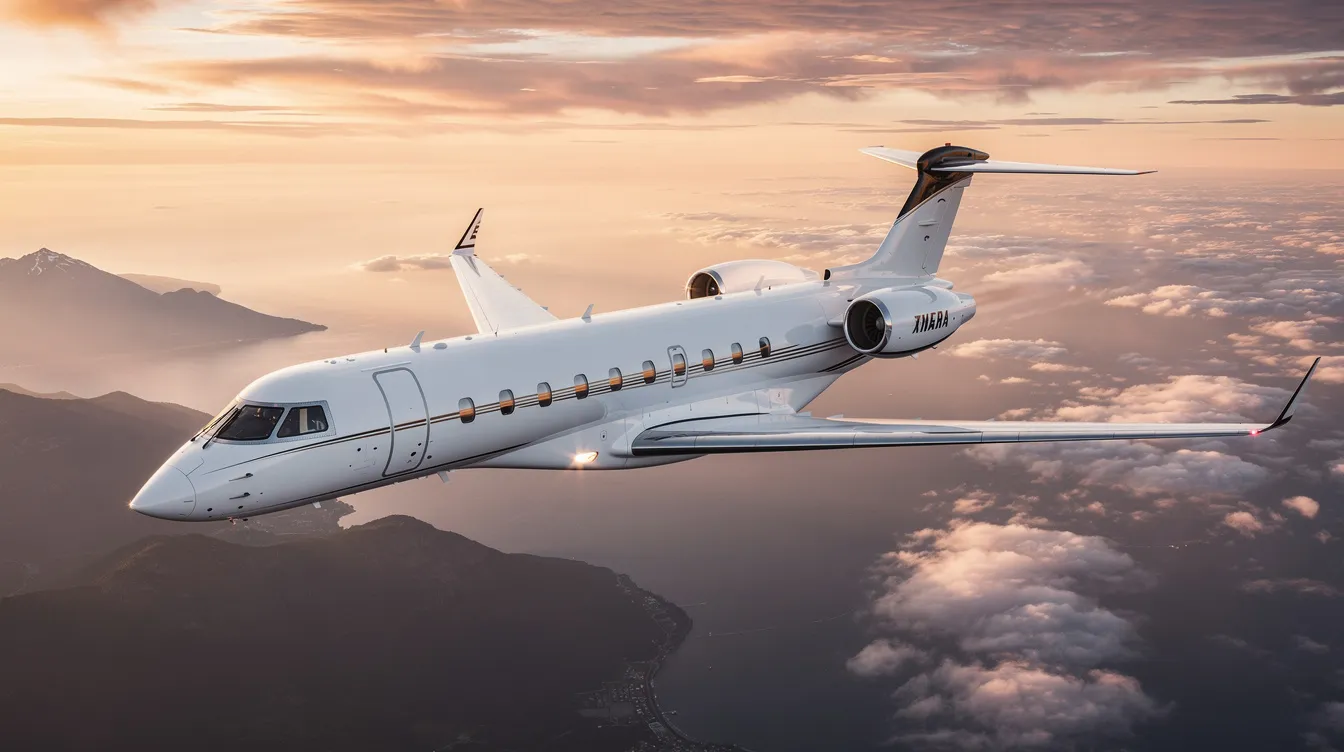 The image depicts a sleek private jet parked at an airport, showcasing the luxury and convenience of private aviation. With a focus on quality and safety, this aircraft represents the pinnacle of private jet travel, allowing clients to fly to various locations around the world with ease.
