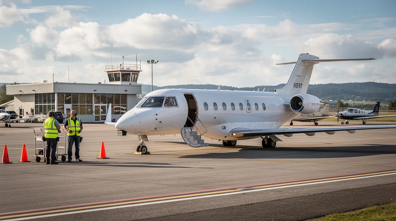 A private jet is parked on the tarmac of a small regional airport, with ground crew members nearby attending to the aircraft. This scene highlights the world of private aviation and the dedicated team of professionals ensuring safe and efficient private jet travel for clients.