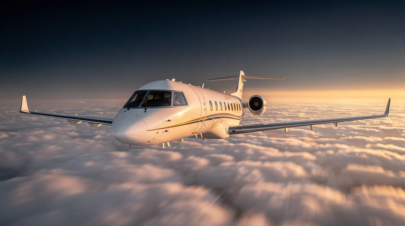 The image depicts a sleek private jet, representing the pinnacle of the private aviation industry, parked at a modern airport terminal. This aircraft is part of a floating fleet, showcasing the company's commitment to delivering world-class safety and service for domestic and international customers.