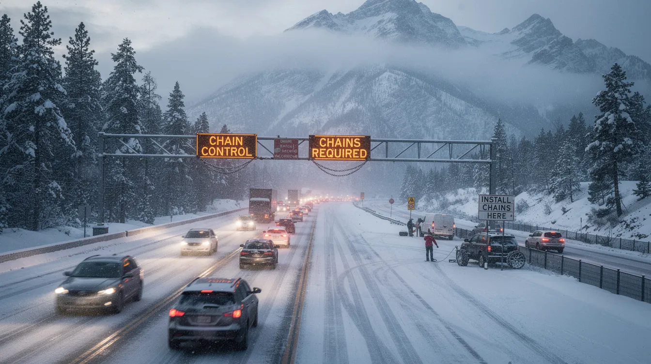 The image depicts a snow-covered mountain highway bustling with heavy traffic, while chain control signs indicate winter driving conditions. The scenic backdrop of the mountains emphasizes the challenges of navigating this road during the winter season.