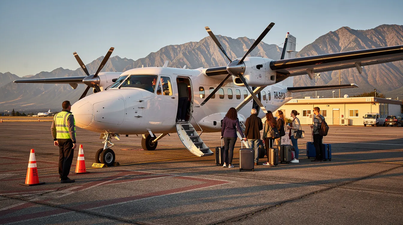 A Cessna Caravan is seen loading up to nine passengers at a small regional airport, with a backdrop of majestic mountains in the distance. This aircraft, known for its spacious cabin and rugged design, is ideal for various operations including commuter airlines and air ambulance services.