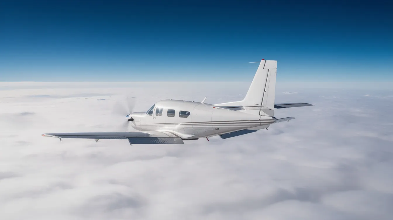 A small pressurized airplane, resembling a Cessna P210N, is flying above a layer of fluffy white clouds with a clear blue sky above. The aircraft, known for its turbocharged engine and retractable landing gear, showcases its high-performance capabilities in flight.