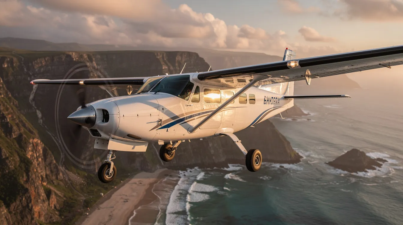 The image depicts a Cessna Grand Caravan EX turboprop soaring above a picturesque coastal landscape, showcasing its high wing design and spacious cabin. This aircraft, known for its impressive cruise speed and versatility in cargo operations, is capable of carrying up to nine passengers or serving as a reliable air ambulance.
