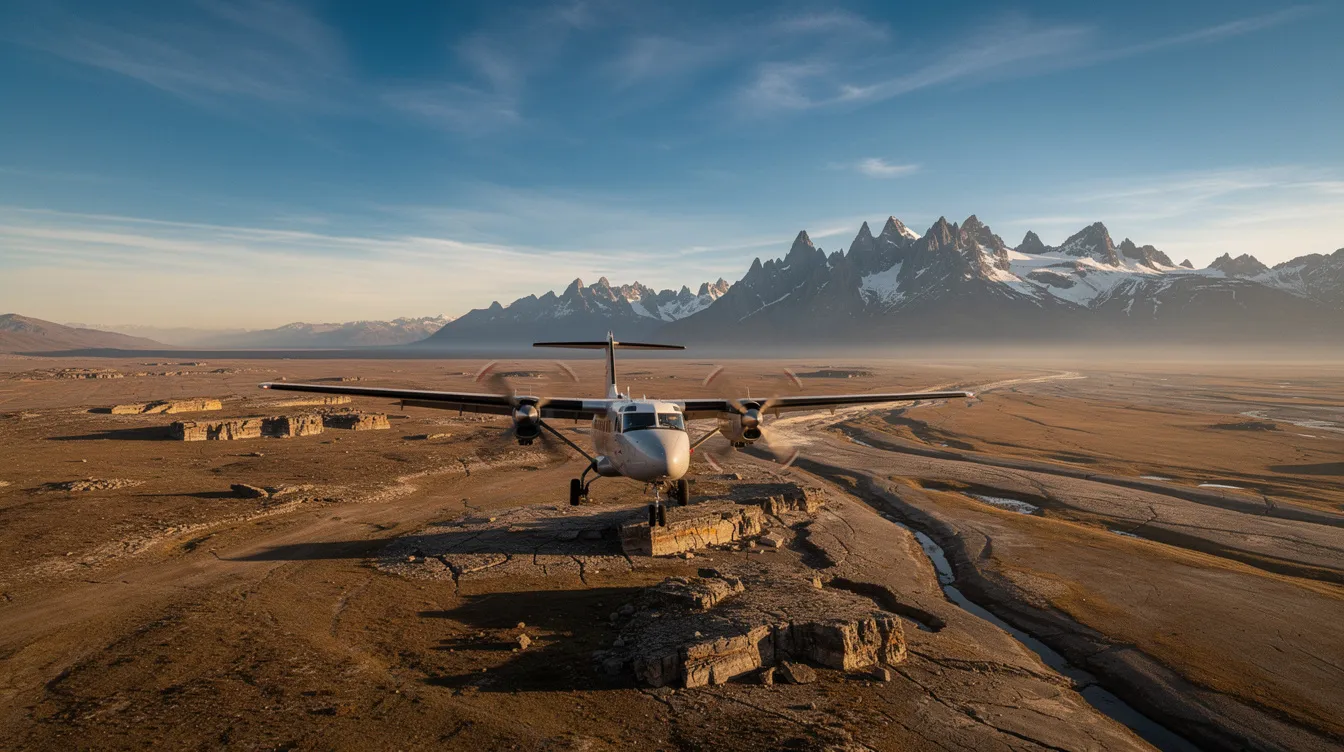 A turboprop aircraft, likely a Cessna Grand Caravan, is flying low over a vast remote landscape with majestic mountains in the background, showcasing its high wing utility design. The scene captures the essence of flight and the aircraft's capability to navigate diverse terrains.