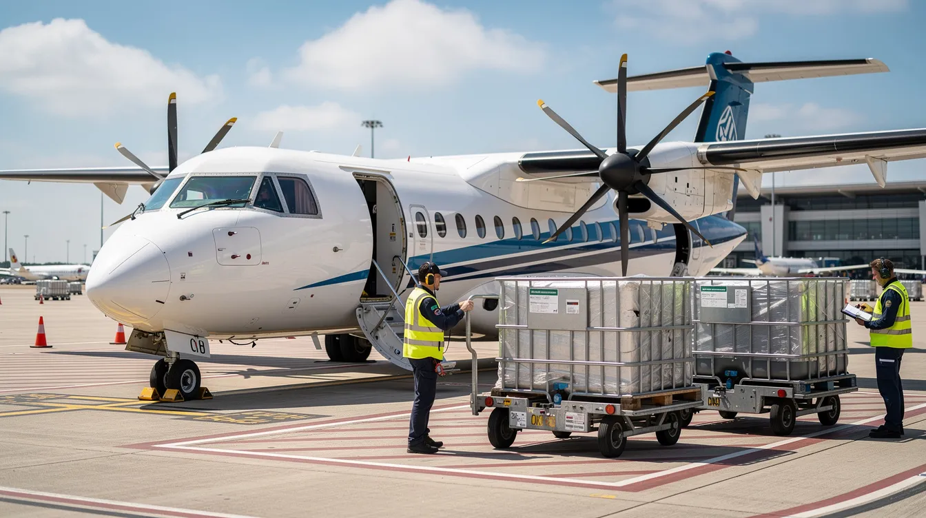 A twin-engine turboprop aircraft, likely a Cessna Grand Caravan EX, is parked on the tarmac while cargo containers are being loaded nearby, highlighting its utility for various missions. The scene showcases the aircraft's spacious interior and high payload capacity, emphasizing its role in efficient cargo transport.
