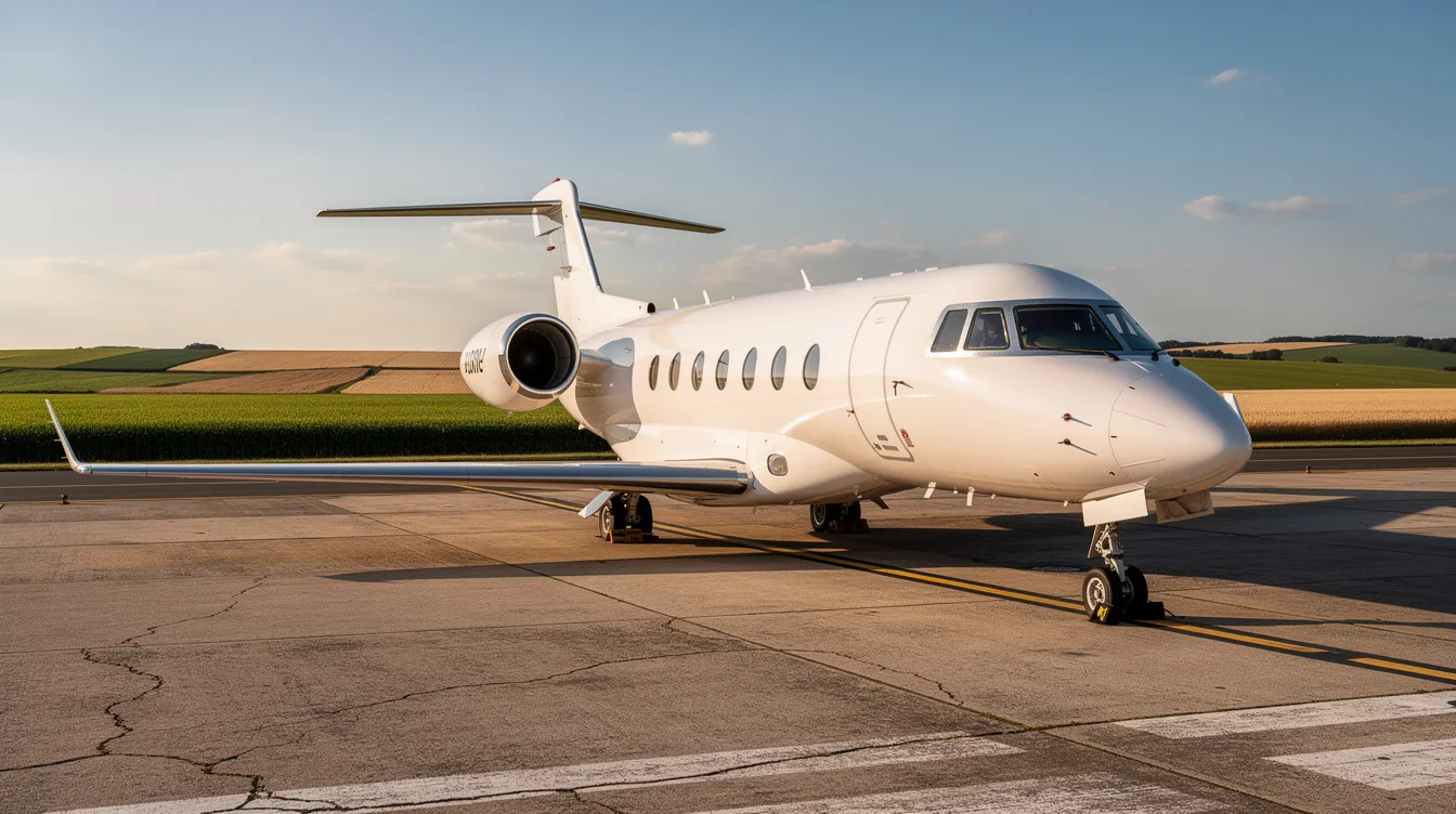 A sleek private jet is parked on a tarmac runway, with expansive flat agricultural fields stretching out in the background, suggesting a serene and spacious environment. The image captures the essence of luxury travel juxtaposed with the simplicity of rural landscapes.