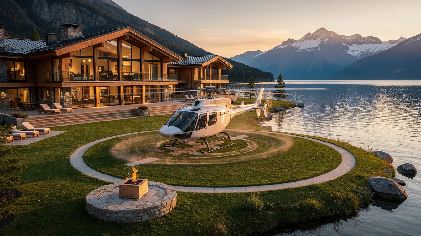 A modern helicopter is landing on a grassy helipad next to a luxury lakeside lodge, with majestic mountains rising in the background. This scene captures the essence of adventure and comfort, blending aviation and leisure in a picturesque setting.