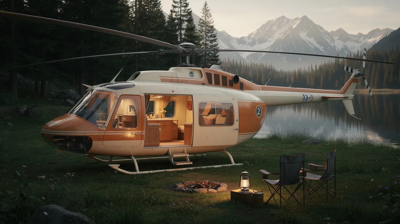 A vintage 1970s helicopter, resembling a Winnebago heli home, is parked on a grassy clearing near a mountain lake, surrounded by tall pine trees. This unique flying camper features a cozy cabin with a bathroom and awning, showcasing the blend of aviation and RV living.