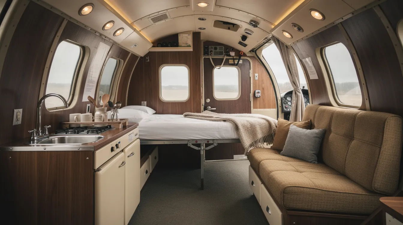 The image showcases the interior of a retro helicopter cabin, featuring wood-paneled walls, a cozy kitchenette, cushioned seating, and a fold-down bed, reminiscent of a unique flying camper or heli home. This converted aircraft space combines comfort and functionality, offering a distinct living experience in the sky.