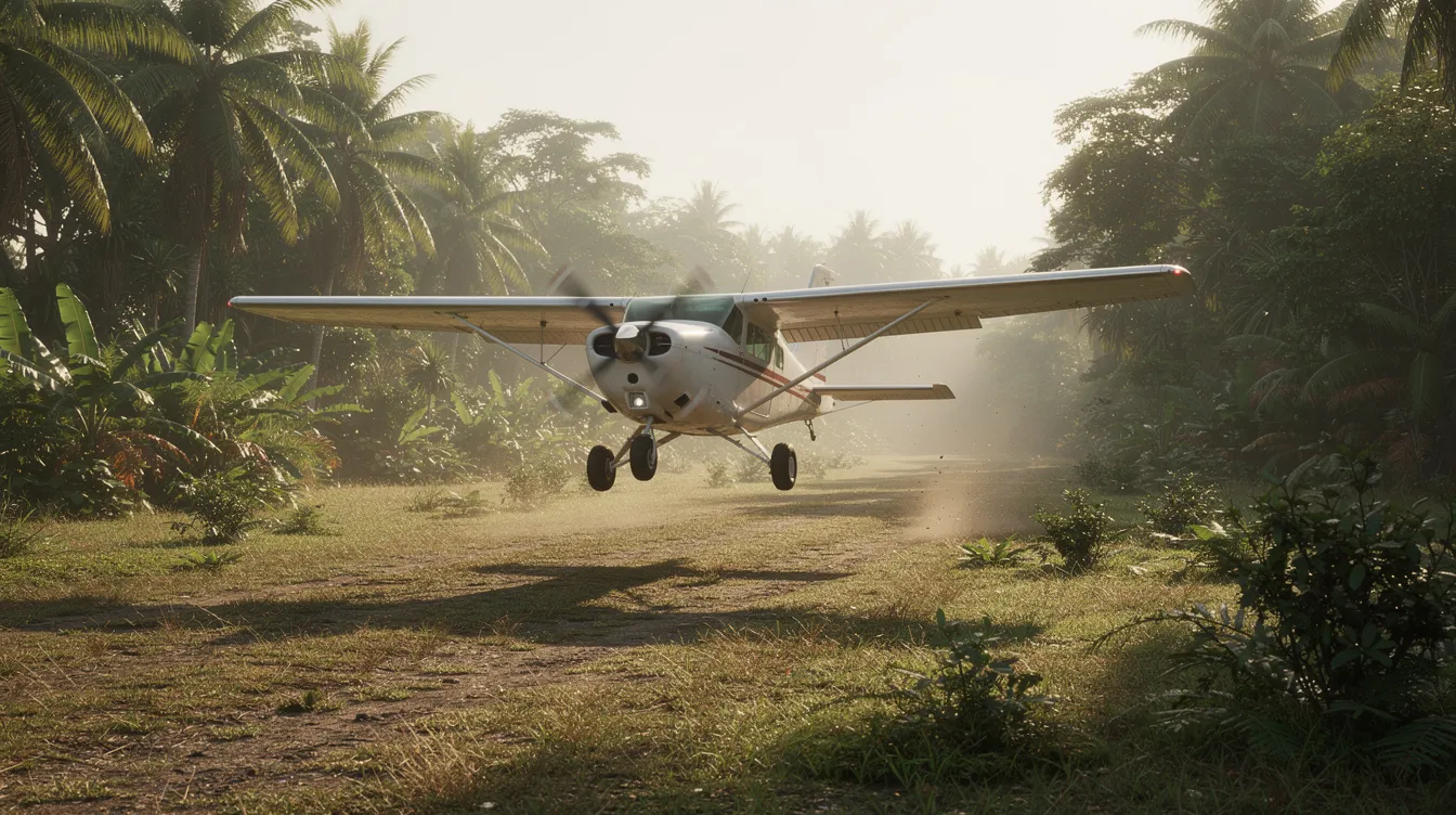 A GippsAero GA8 Airvan, a small utility airplane with a high wing design, is landing on a short grass runway surrounded by lush tropical vegetation. The aircraft is equipped for cargo operations, showcasing its rugged airframe and spacious cabin, ideal for carrying passengers and freight.