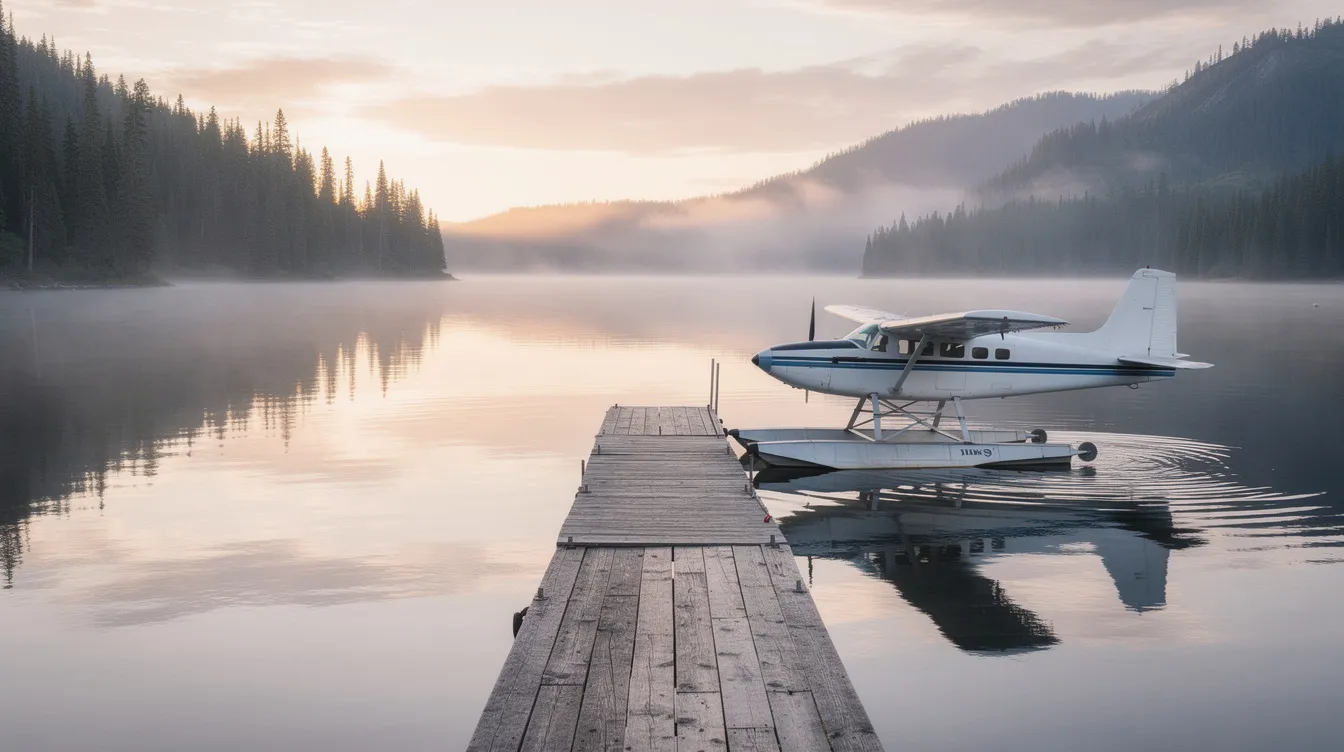 A wooden dock stretches into a serene lake, with a turboprop Cessna Grand Caravan moored alongside, showcasing its amphibious floats. In the background, forested hills rise gently, adding to the tranquil atmosphere of this picturesque setting.