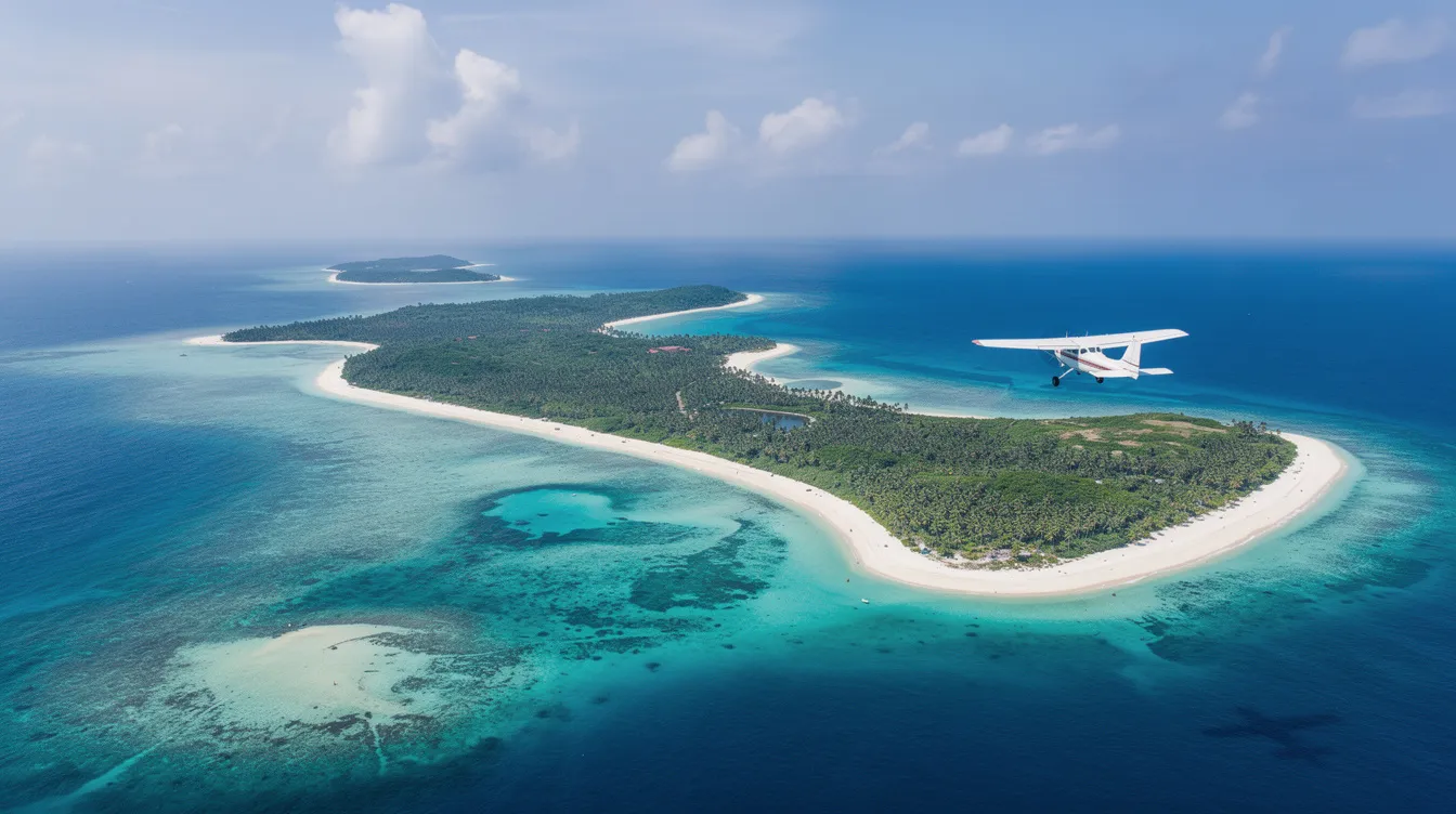 An aerial view showcases a cluster of tropical islands surrounded by vibrant turquoise waters, with a Cessna Grand Caravan approaching for landing. The scene highlights the beauty of the islands and the versatility of the amphibious aircraft as it prepares to touch down on the water.
