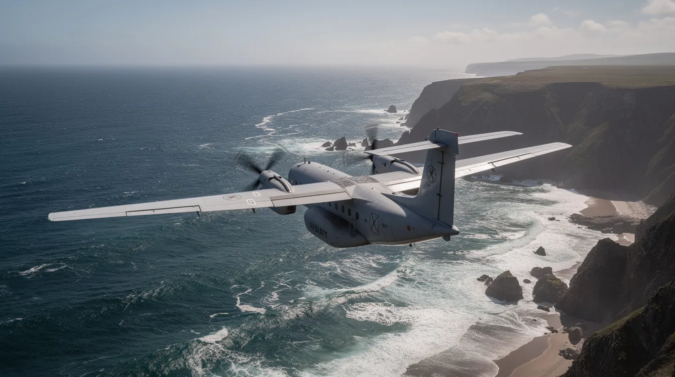 A twin-engine turboprop Cessna F406 Caravan II aircraft is flying low over a picturesque ocean coastline, engaged in maritime patrol operations. The aircraft features wide windows and is equipped with advanced avionics for aerial surveys, showcasing its capabilities for both passenger transport and cargo missions.