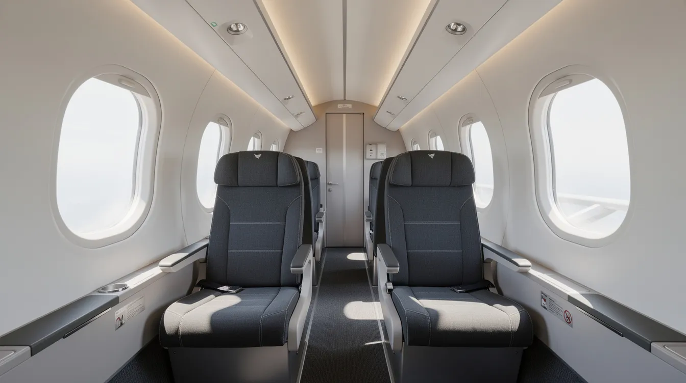 The image depicts the interior of a Cessna F406 Caravan II aircraft cabin, featuring rows of comfortable seats and large oval windows that allow natural light to flood the space. The design emphasizes passenger comfort and safety, with four emergency exits and a pressurized cabin for a pleasant flying experience.