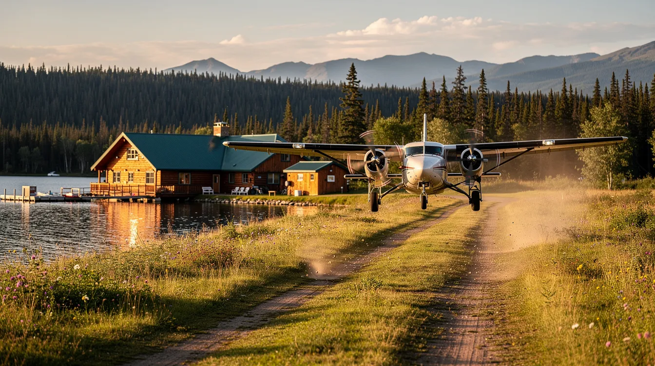 A small twin-engine Cessna F406 Caravan II aircraft is landing on a short grass runway, close to a remote wilderness lodge surrounded by trees. The aircraft is designed for passenger transport and features wide windows, providing comfort and scenic views during flights.