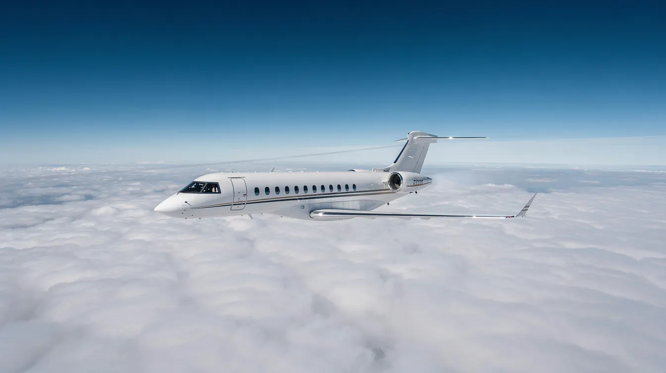 A sleek private jet, one of the most eye-catching aircraft, soars high above a blanket of fluffy white clouds under a vibrant blue sky, showcasing the beauty of flight and the unique experience of aviation.