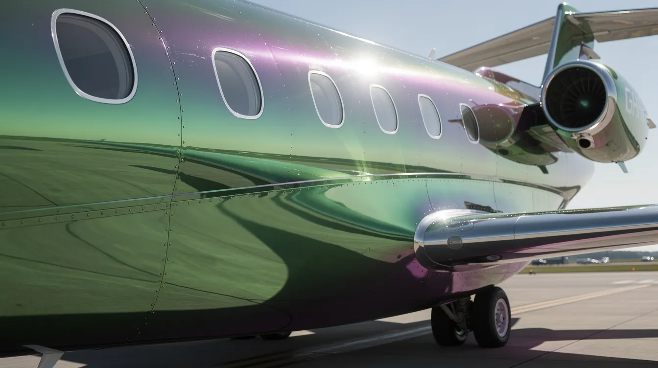 A close-up view of a private jet fuselage showcases its iridescent green and purple reflections under bright sunlight, highlighting the aircraft's unique and eye-catching paint surface. This striking detail emphasizes the elegance and luxury associated with the world of private aviation.