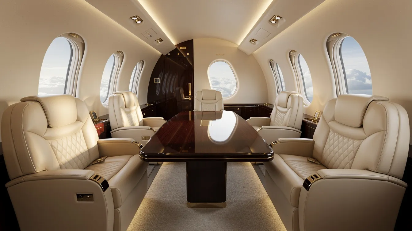 The image depicts the interior of a luxury private jet cabin, featuring cream leather seats arranged in a club configuration alongside a polished wood conference table, showcasing an eye-catching aircraft design. This elegant space reflects the high standards of service and comfort associated with the most eye-catching aircraft in the world.