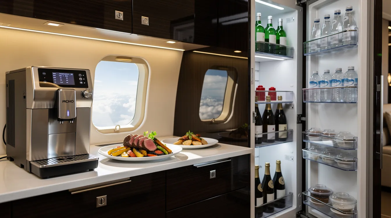 The image depicts a luxurious full galley in a Gulfstream G V private jet, featuring a sleek coffee machine, chilled storage compartments, and elegantly plated food ready for service, all designed to accommodate up to fourteen passengers in a spacious cabin. This high-end aircraft offers business travelers an ultra long range charter flight experience with top-notch amenities.